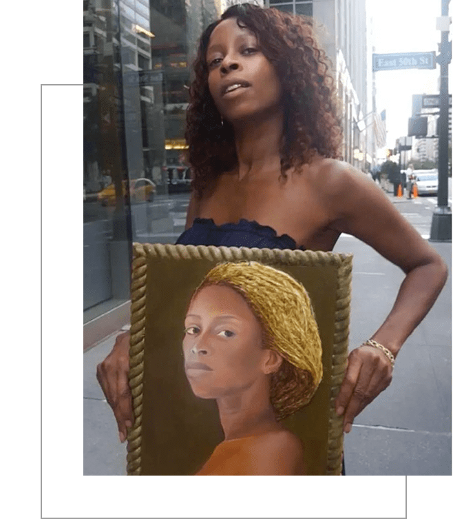 A woman holding up an image of herself.