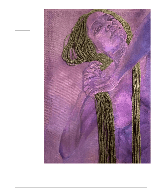 A painting of a person holding onto some green yarn